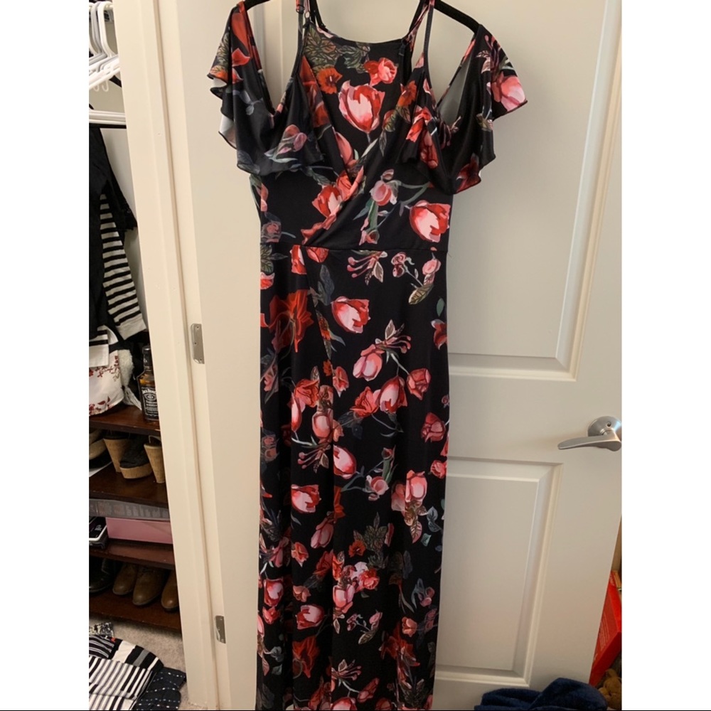Floral Maxi Dress with Shoulder Cut Outs and Slit